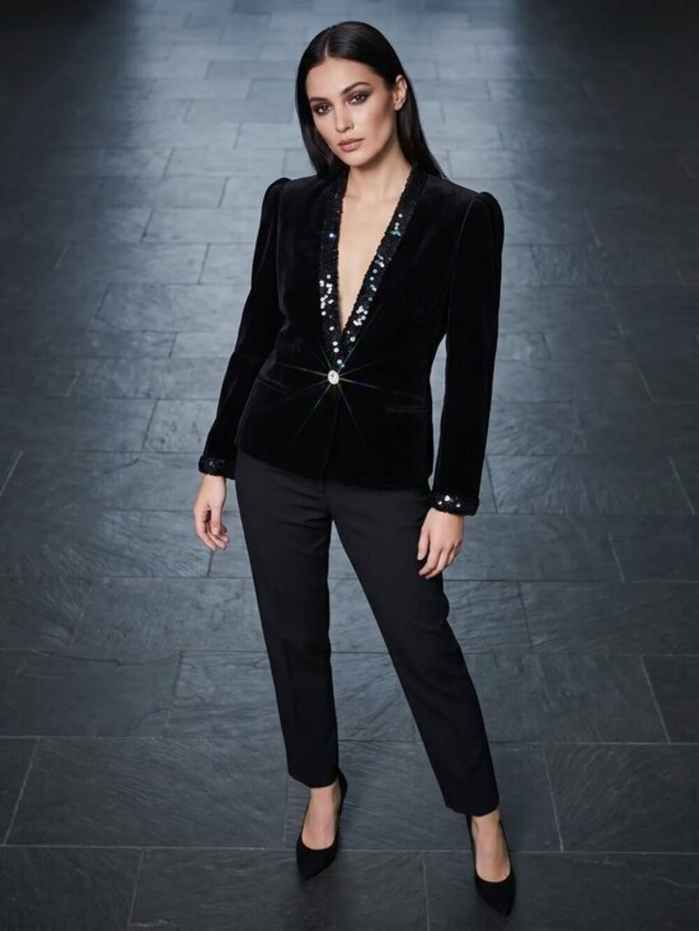 GLAM Vintage I.magnin Black Sequin-Trimmed velvet Women's Jacket size 4